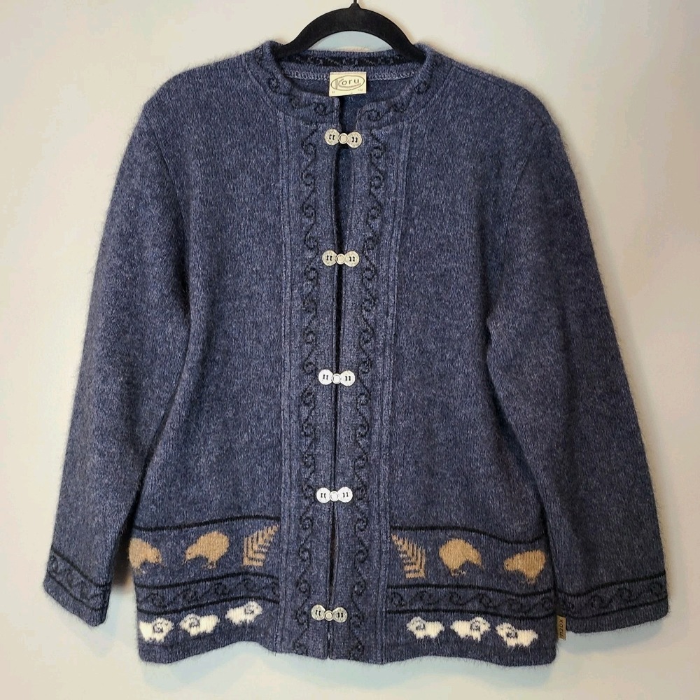 Vintage Sheep Cardigan New Zealand Merino Wool Possum Silk Rustic Medium Farm